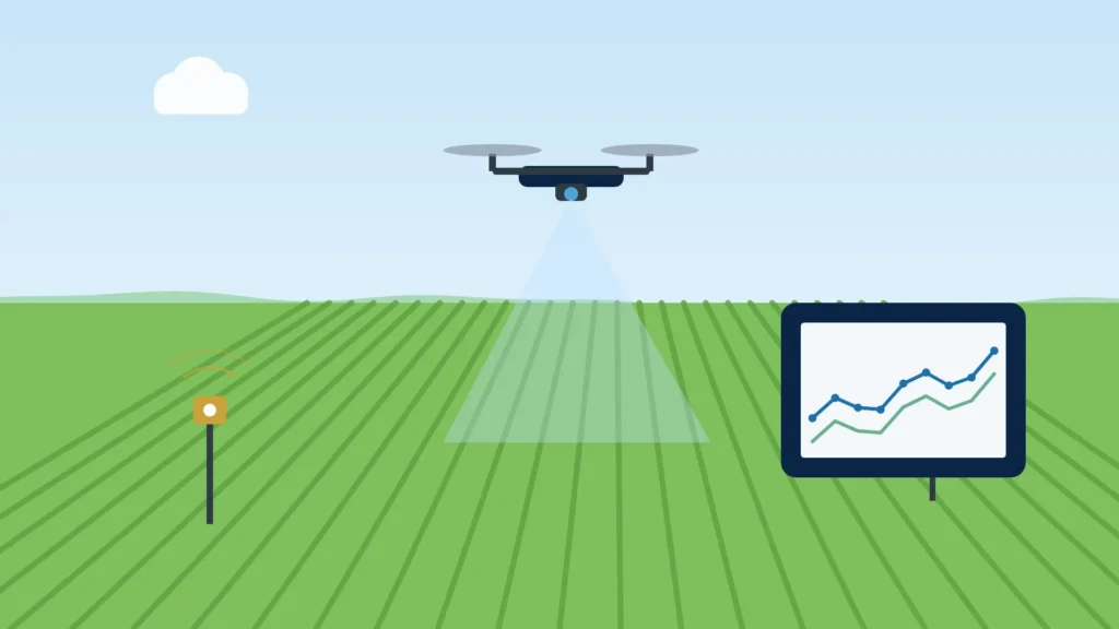 Ilustración de un campo con dron, sensores y un panel de datos