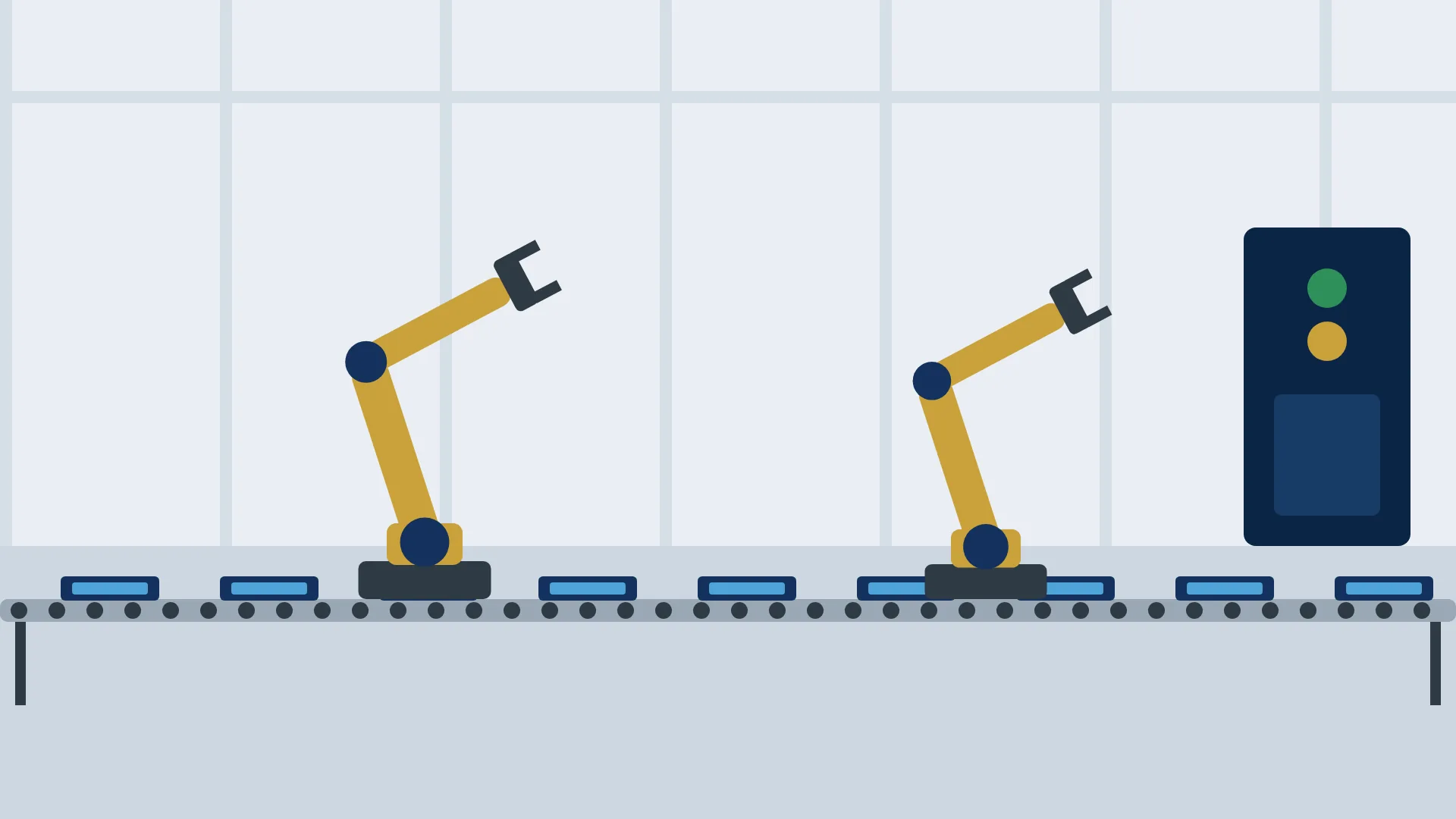 Ilustración de brazos robóticos sobre una cinta transportadora