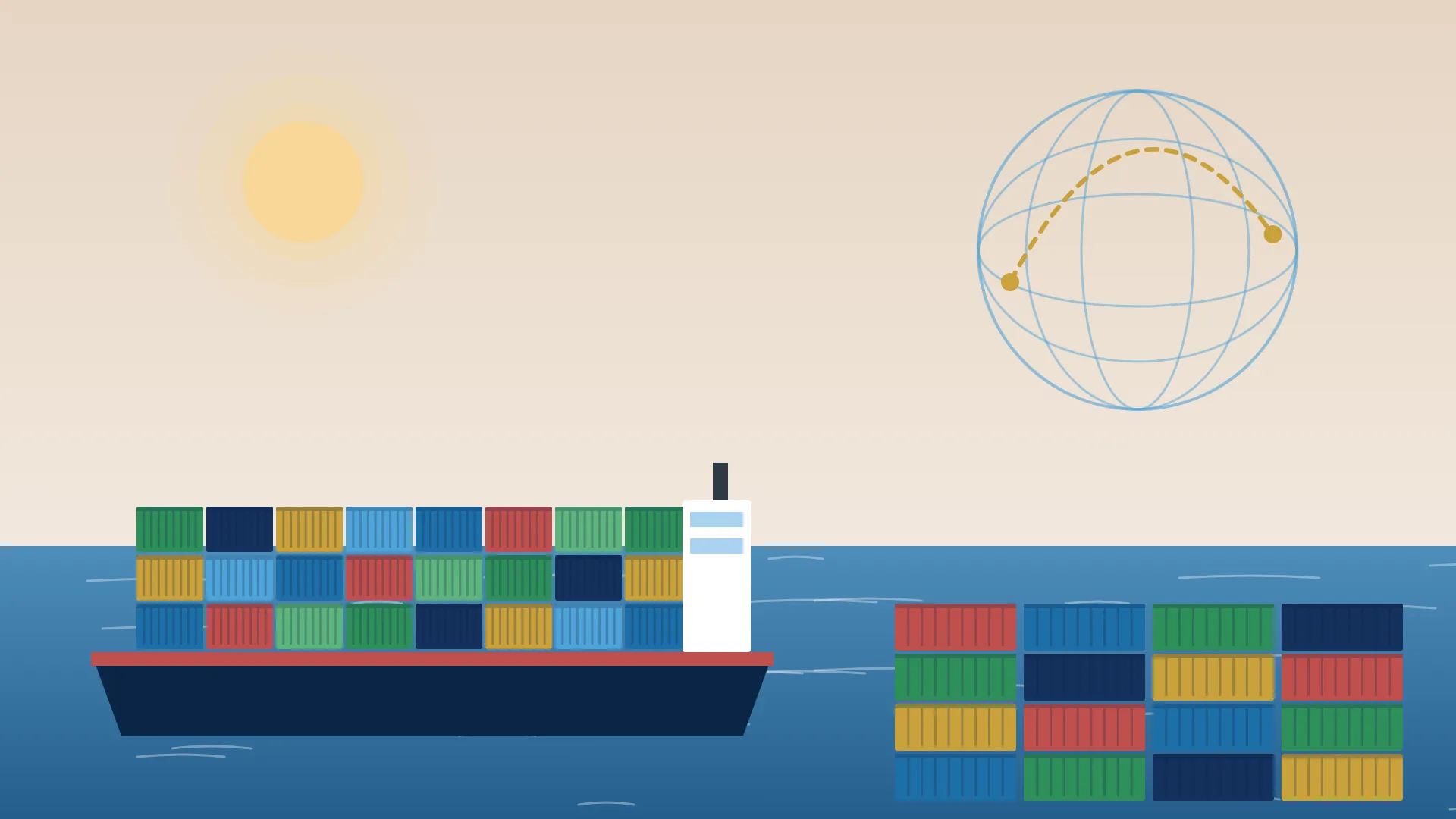 Ilustración de un buque portacontenedores, contenedores apilados y rutas comerciales