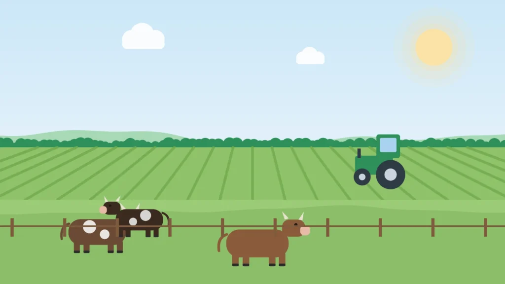 Ilustración de pastizales con ganado, un tractor y campos de cultivo