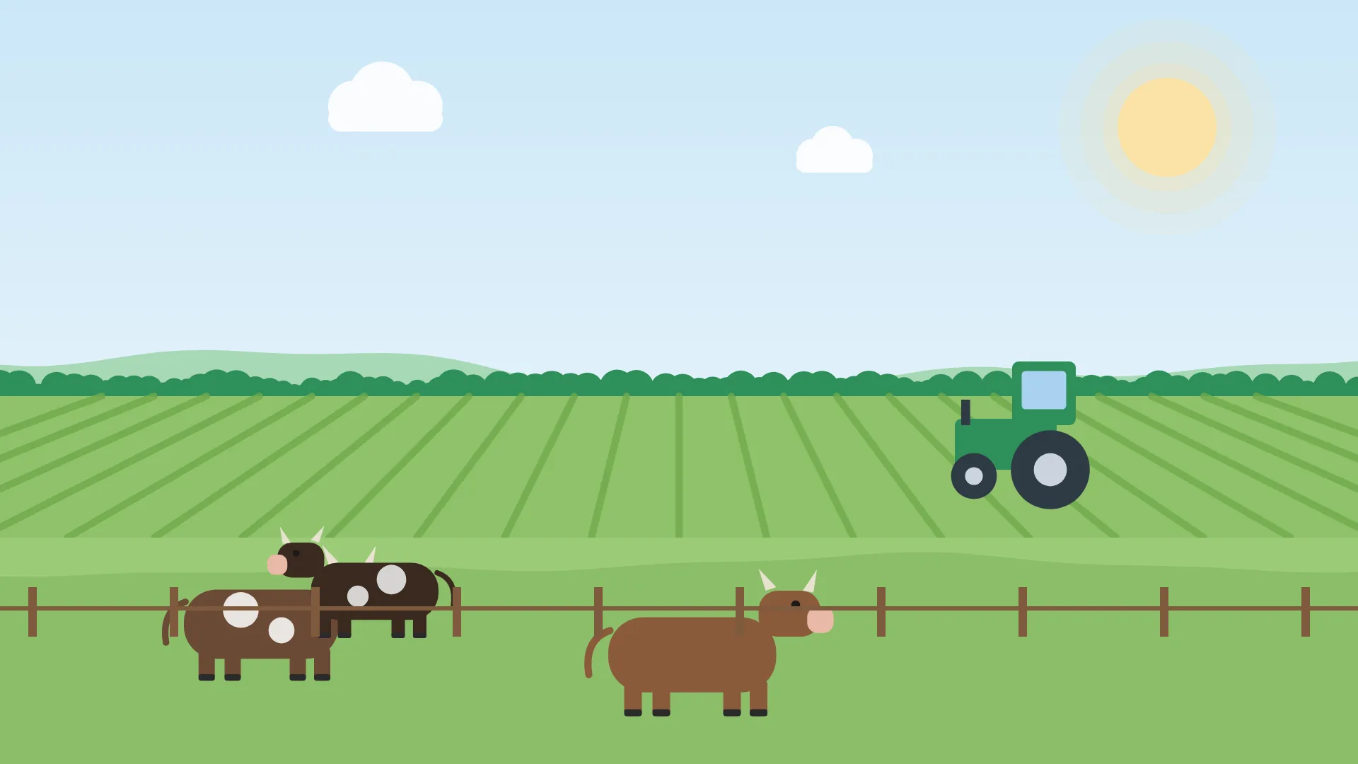 Ilustración de pastizales con ganado, un tractor y campos de cultivo