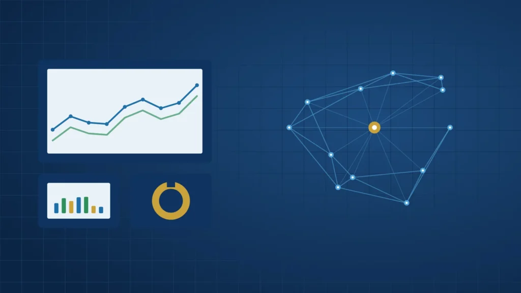 Ilustración de paneles de datos y una red de nodos que representa inteligencia artificial