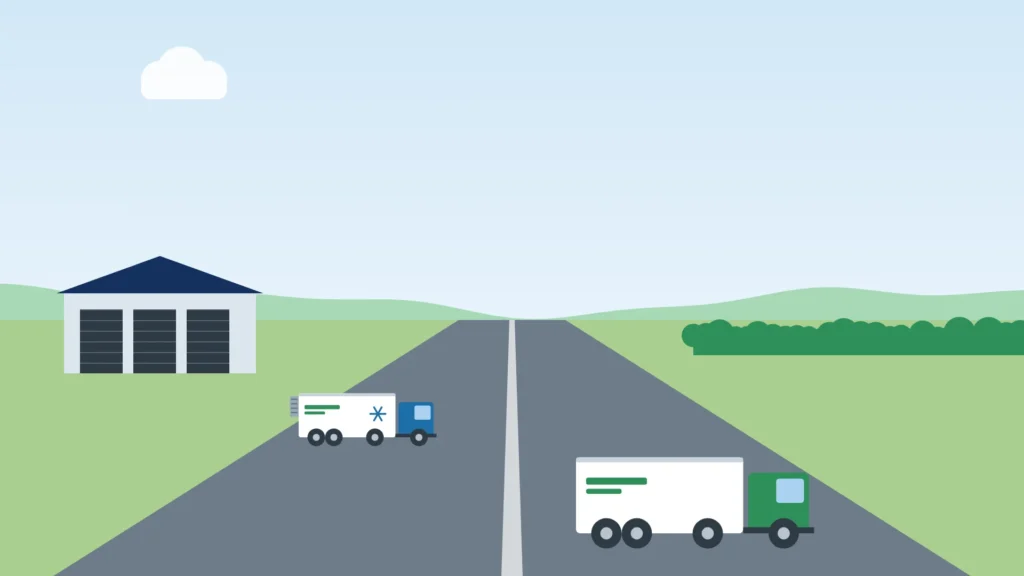 Ilustración de una carretera con camiones y un centro de acopio