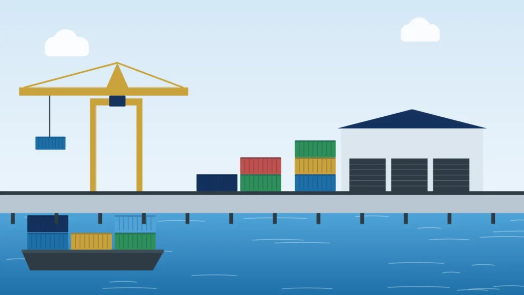Ilustración de un muelle con grúa, contenedores, almacén y barcaza