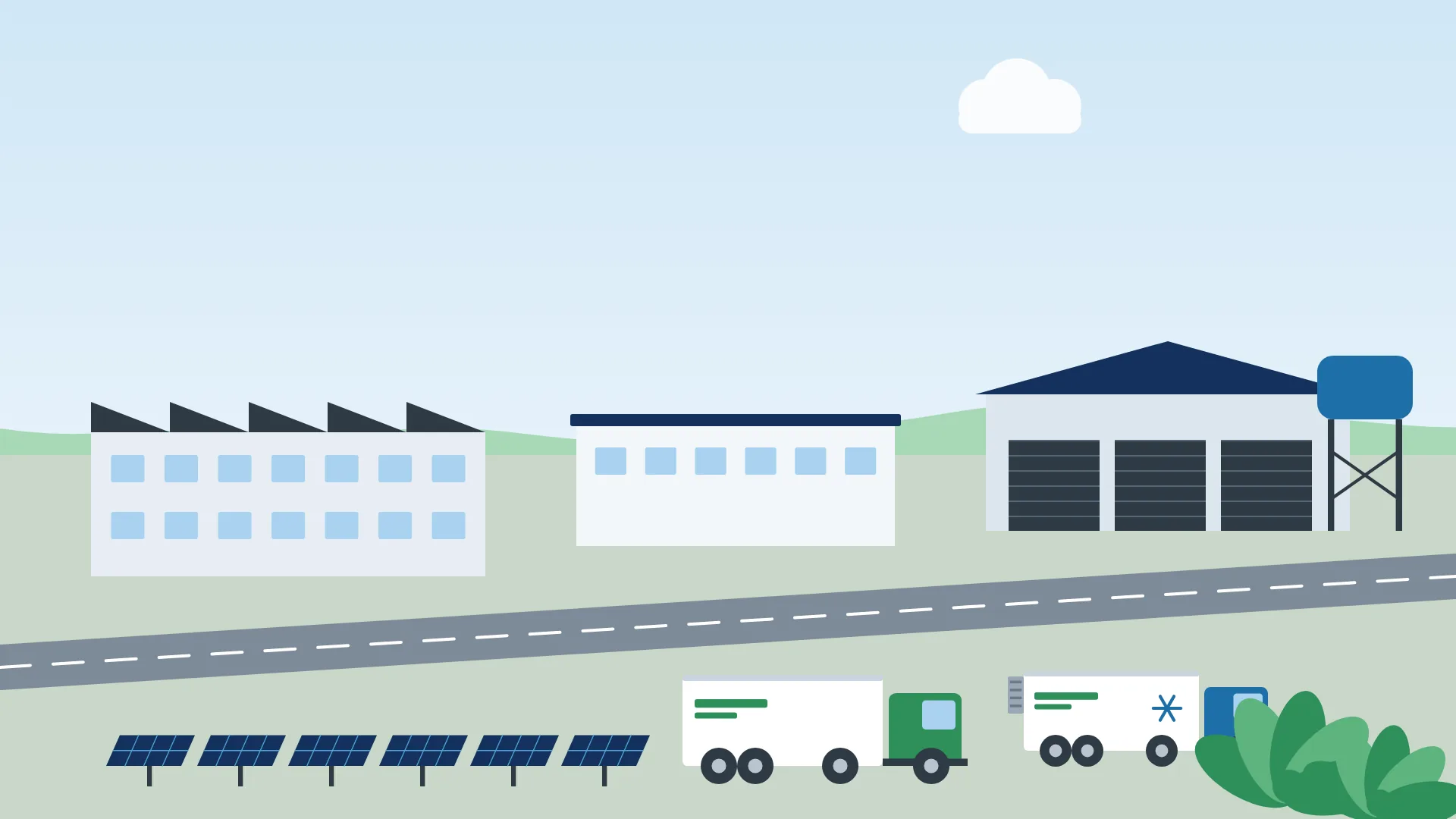 Ilustración de un parque industrial con naves, almacén, paneles solares y camiones
